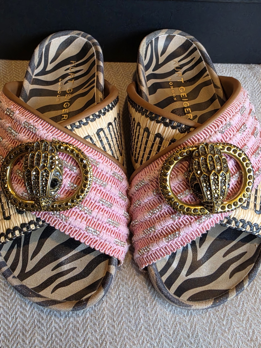 Kurt Geiger Pink Woven Slide Mules with Gold-Tone Crystal Buckle